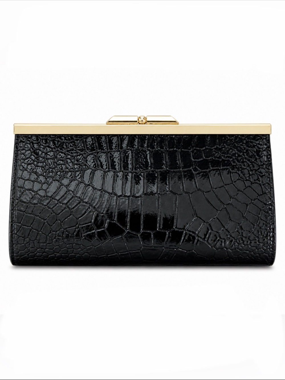 Black Croc-Embossed Clutch with Gold Kiss Lock
